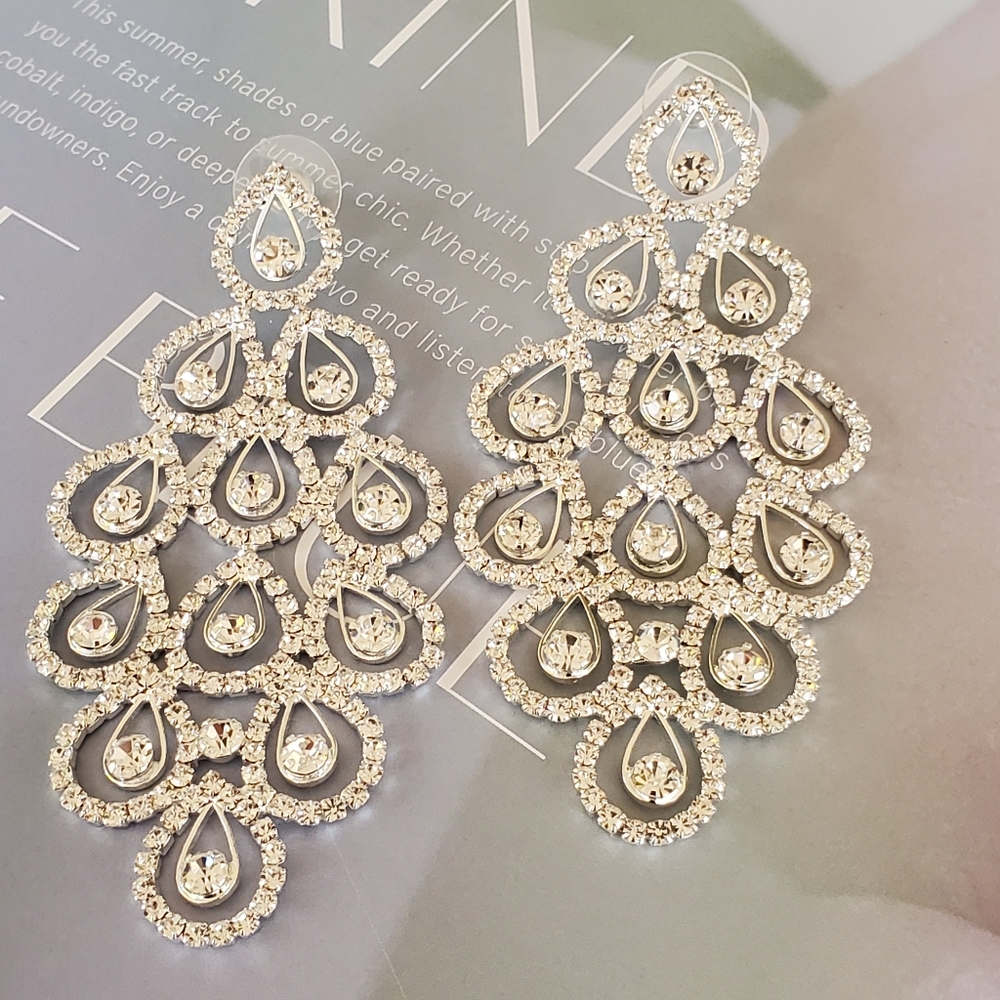 PLATINUM SILVER CZ Chandelier Earrings Waterfall Statement Bridal Wedding Bling - Picture 6 of 10